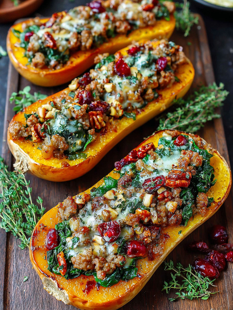 Three stuffed butternut squash with various toppings.