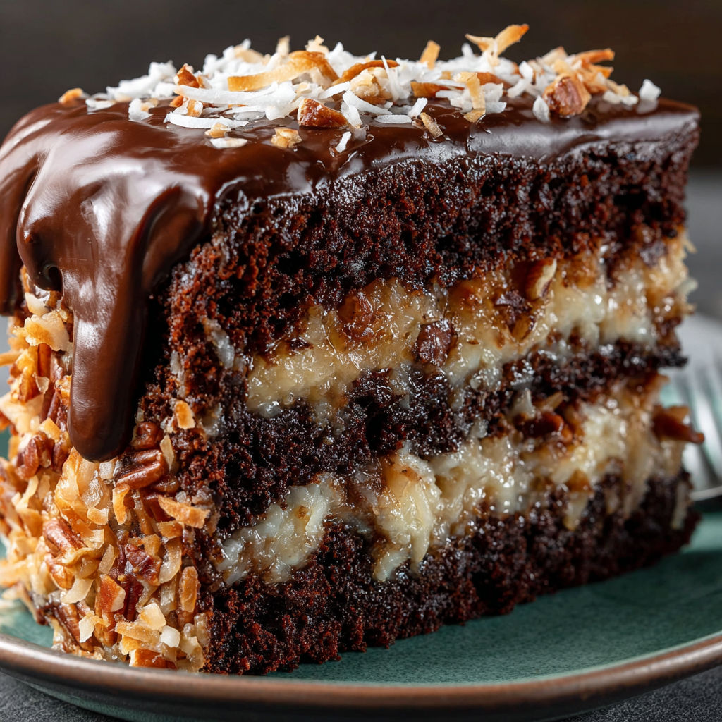 A slice of German chocolate cake with coconut and pecans.