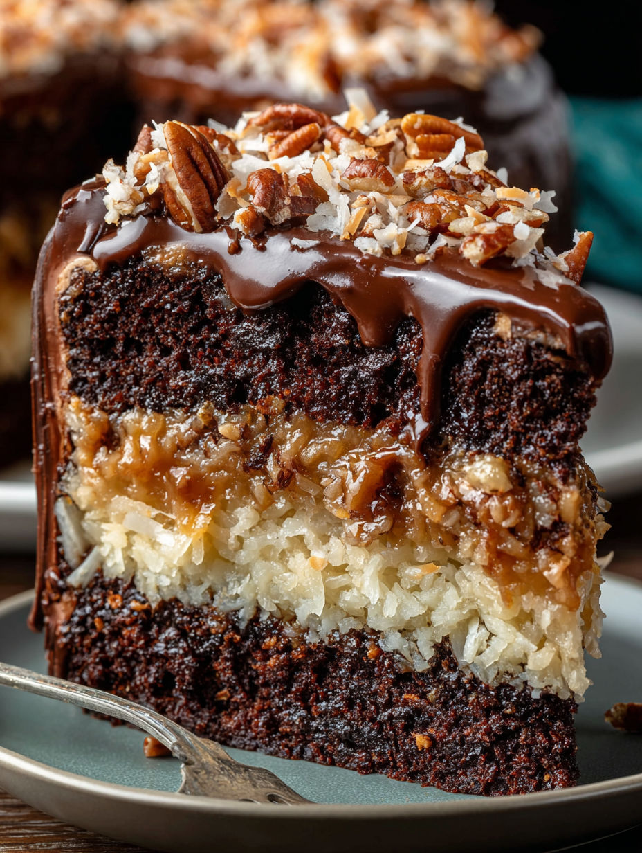 A slice of German Chocolate Cake with coconut and pecans.