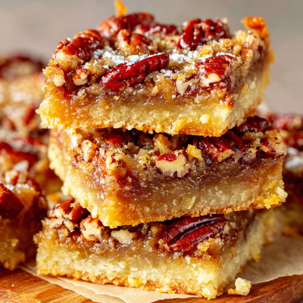 A stack of pecan pie bars.