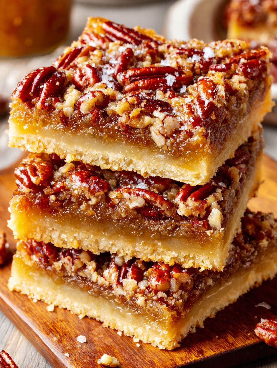 Three slices of pecan pie bars stacked on a wooden table.