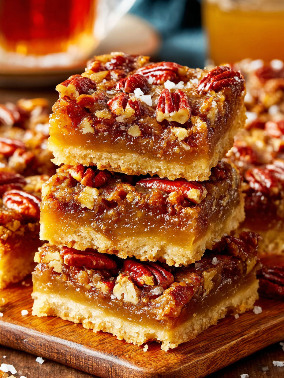 Three slices of pecan pie bars.