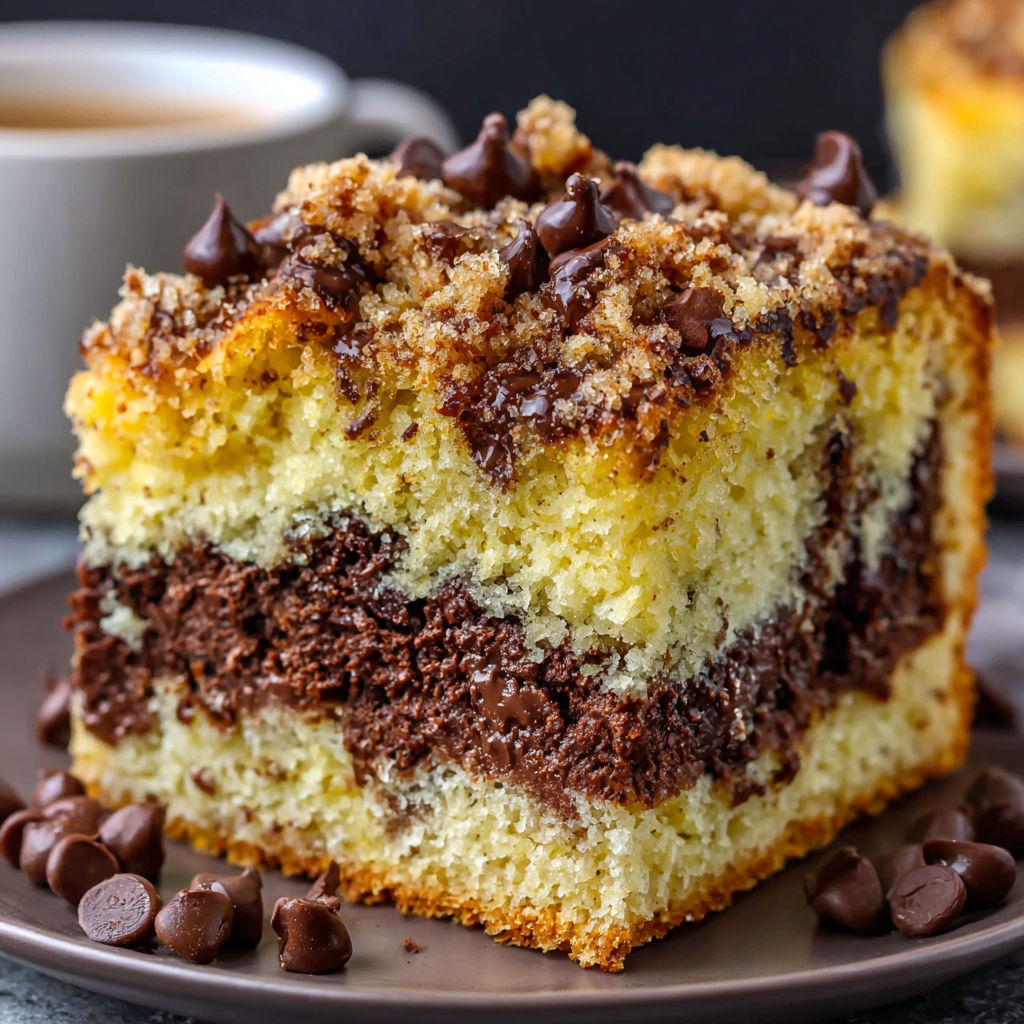 A slice of chocolate chip coffee cake.