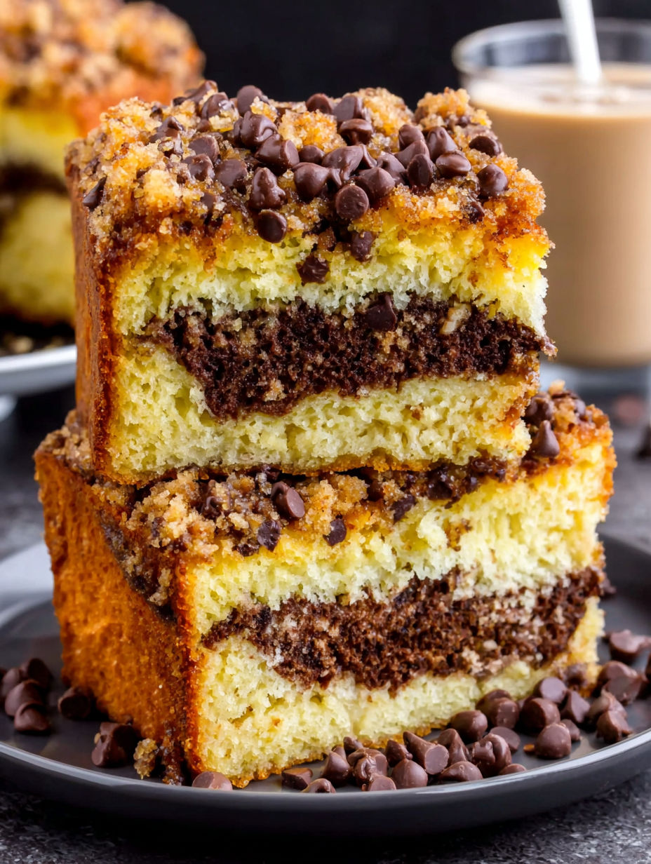 A slice of chocolate chip coffee cake.