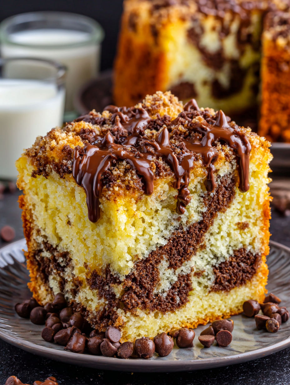 A slice of chocolate chip coffee cake.