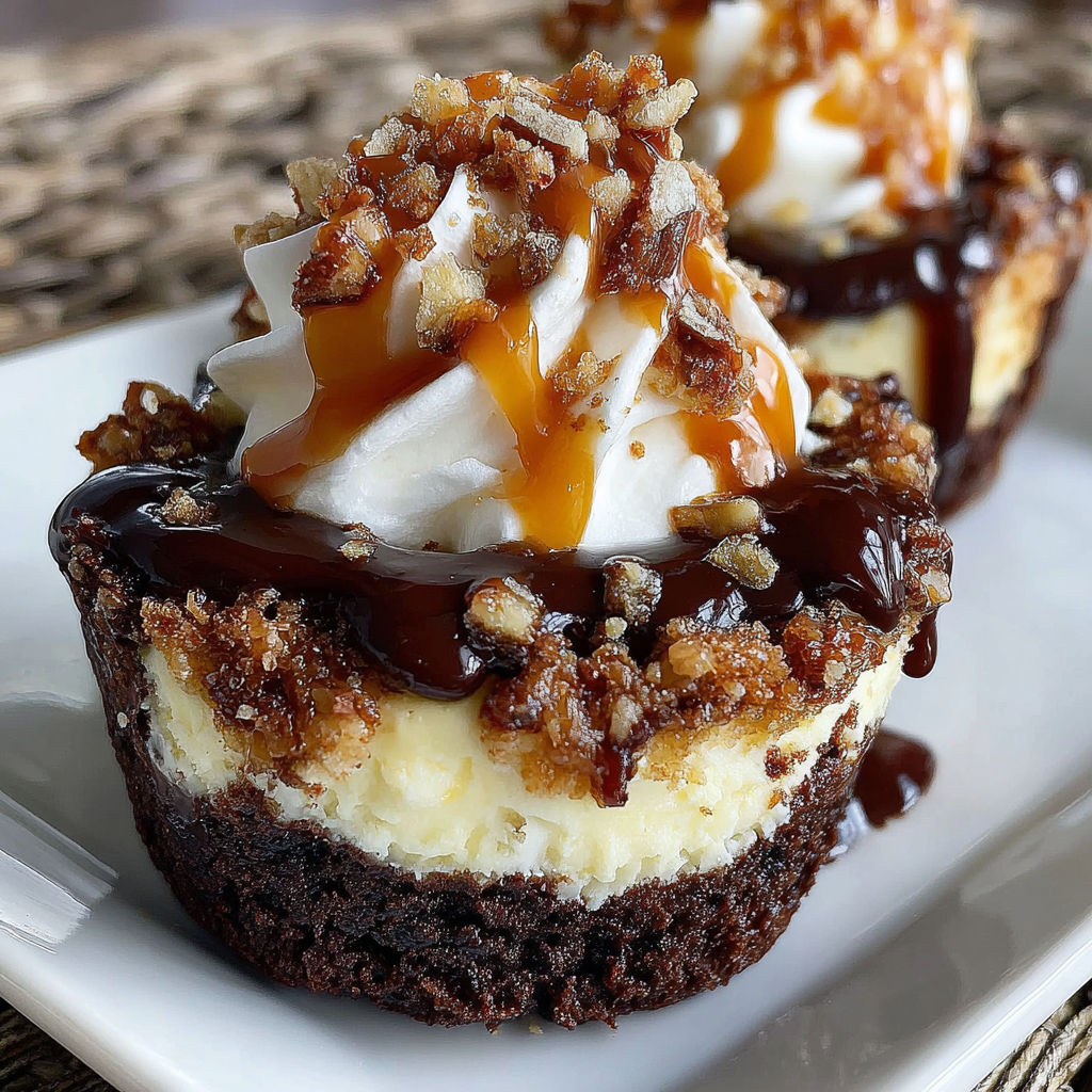 Two loaded brownie cheesecake cups with whipped cream.