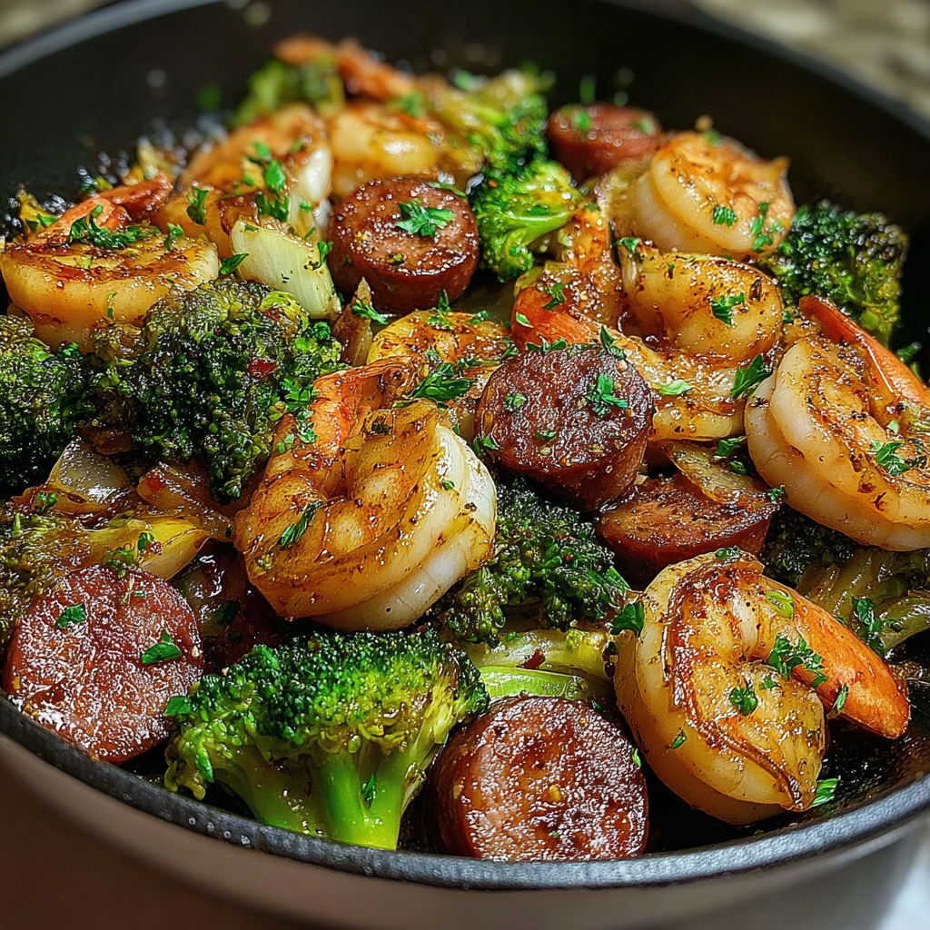 A bowl of food containing shrimp, sausage, and broccoli.