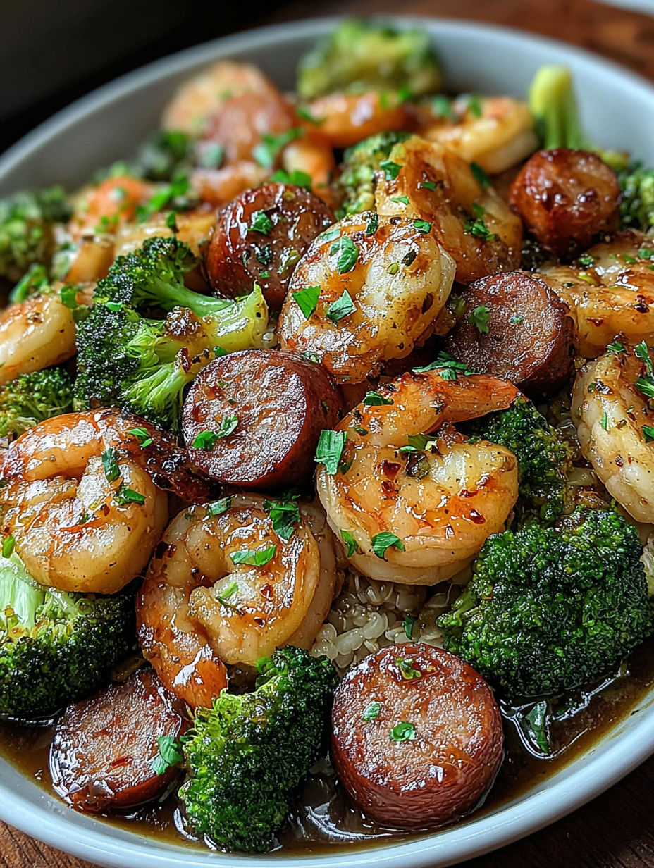 A bowl of shrimp and broccoli.