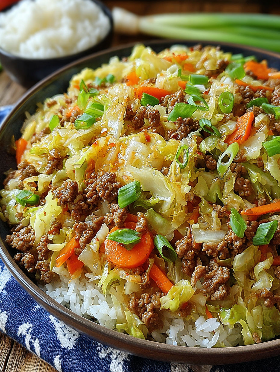 A close up of a Chinese beef and cabbage stir fry.