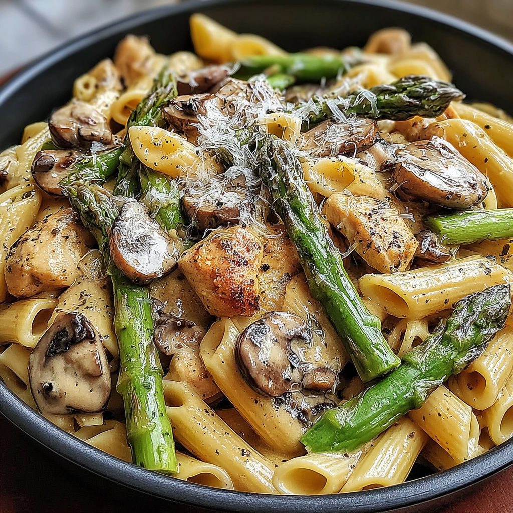 A bowl of creamy mushroom asparagus chicken penne.