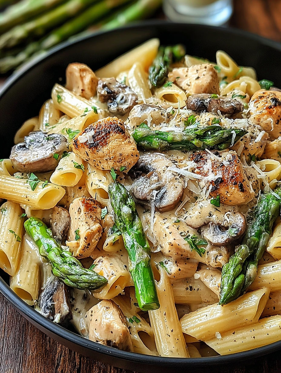 A bowl of creamy mushroom asparagus chicken penne.