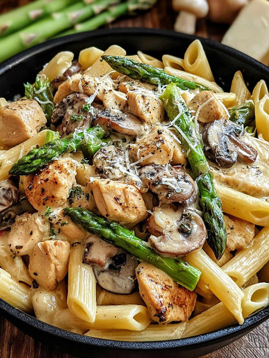 A bowl of creamy mushroom asparagus chicken penne.