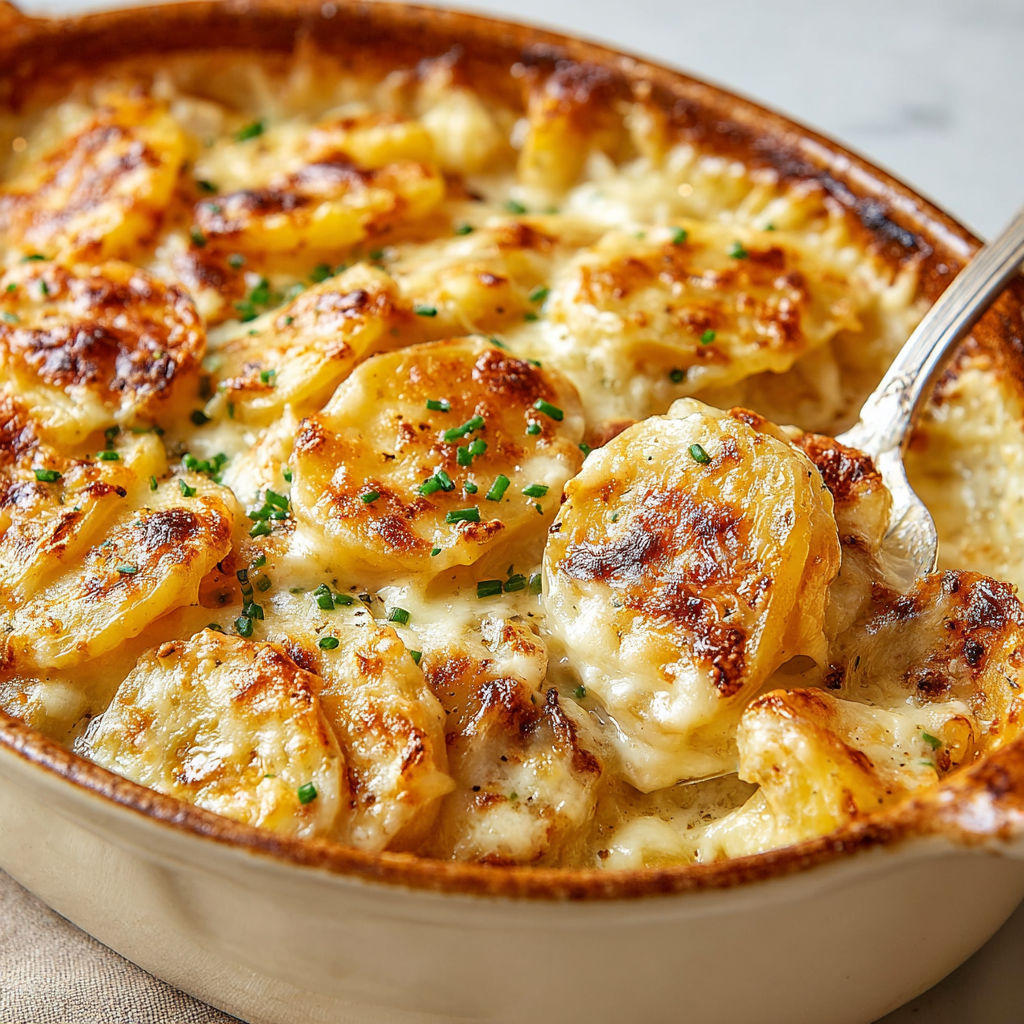 A bowl of garlic Parmesan scalloped potatoes.