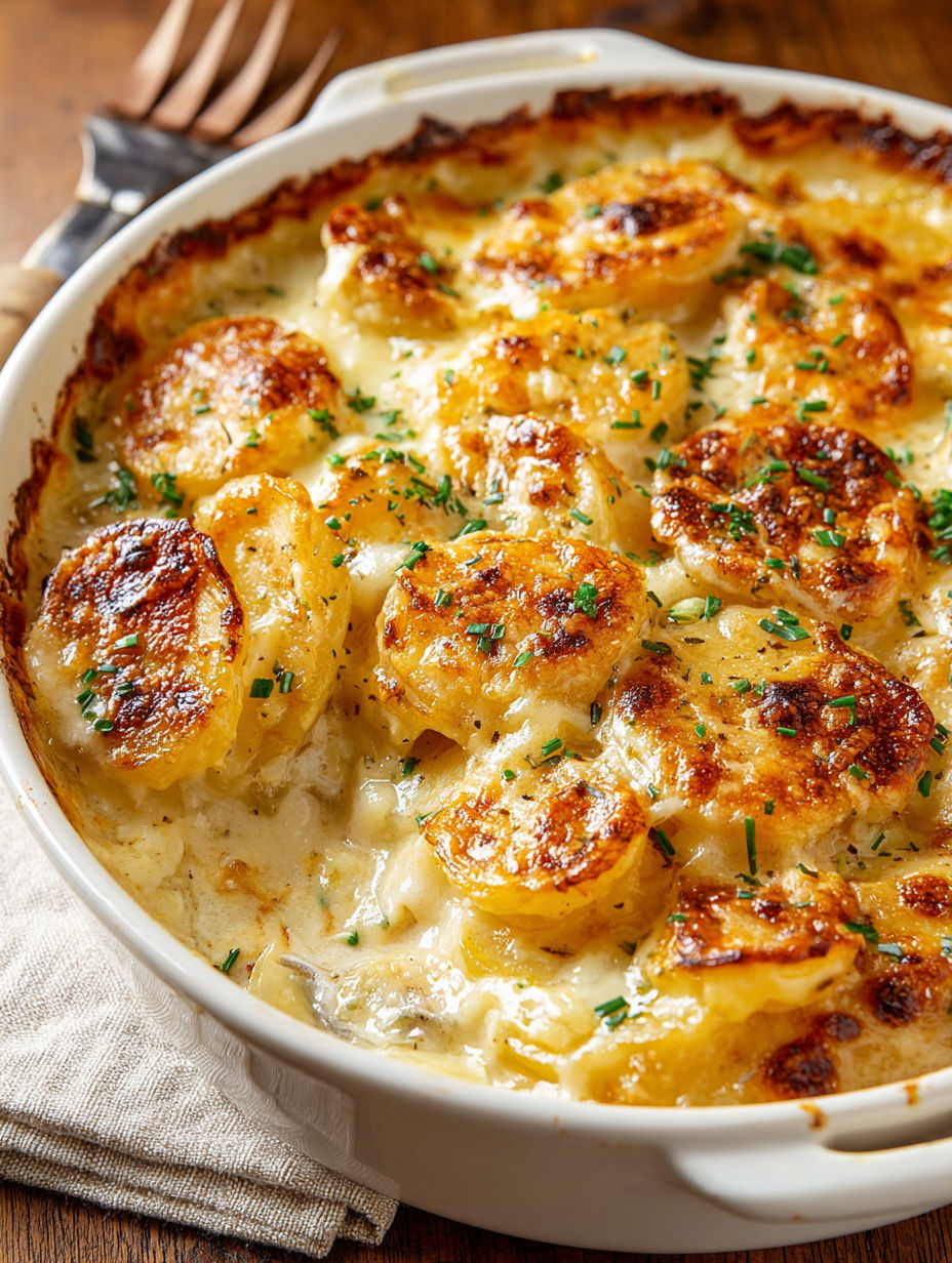 A bowl of garlic Parmesan scalloped potatoes.