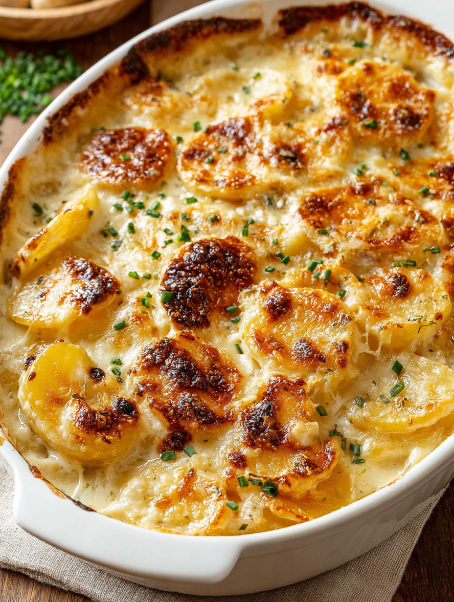 A dish of garlic parmesan scalloped potatoes.