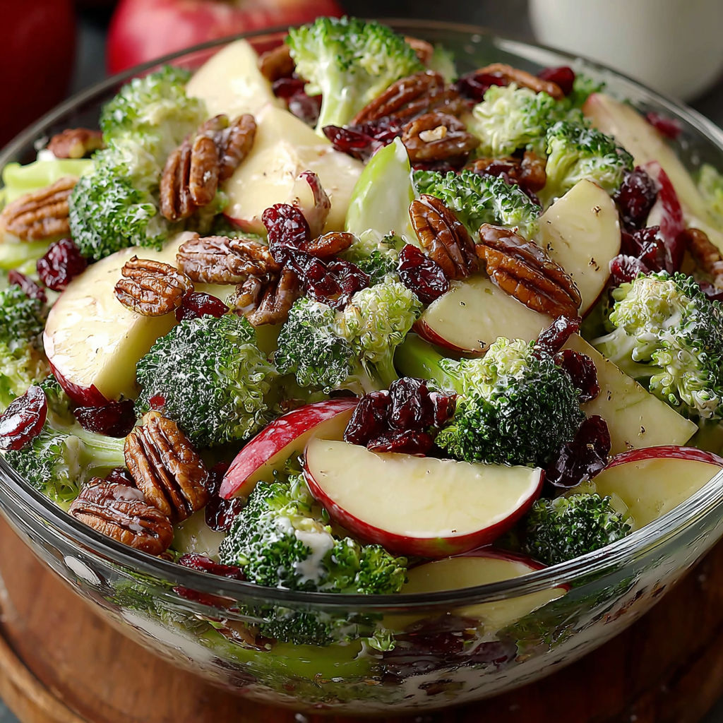 A bowl of Honeycrisp apples and broccoli.