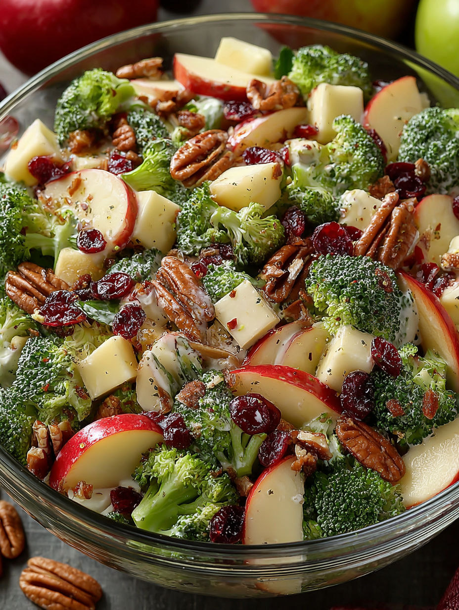A bowl of salad with broccoli and apples.