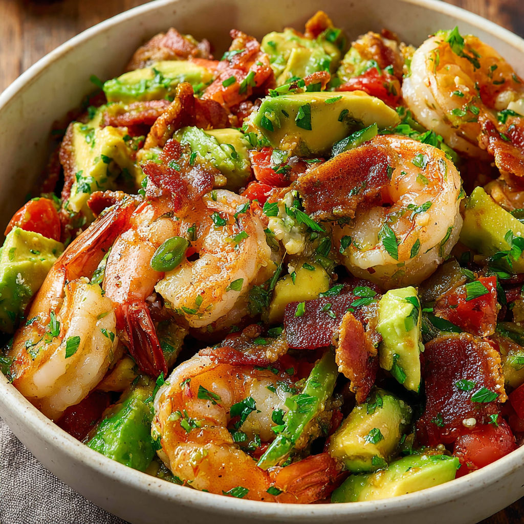 A bowl of shrimp and avocado salad with bacon.