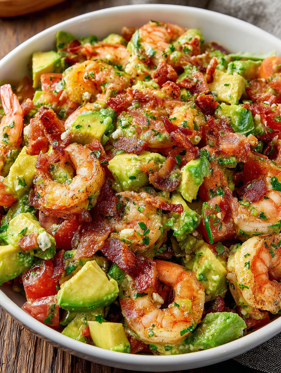 A bowl of shrimp and avocado salad with bacon.
