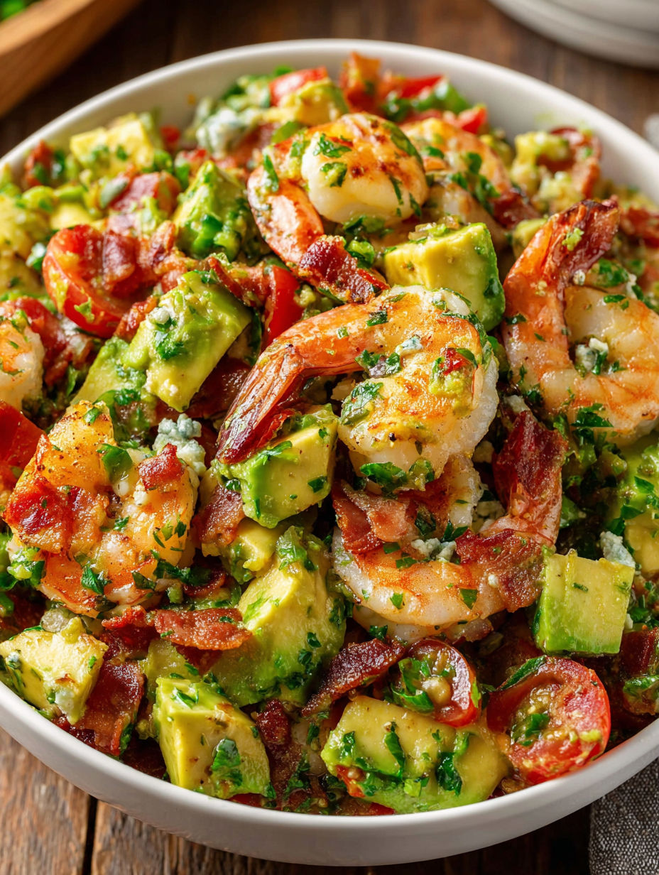 A bowl of shrimp salad with avocado and bacon.