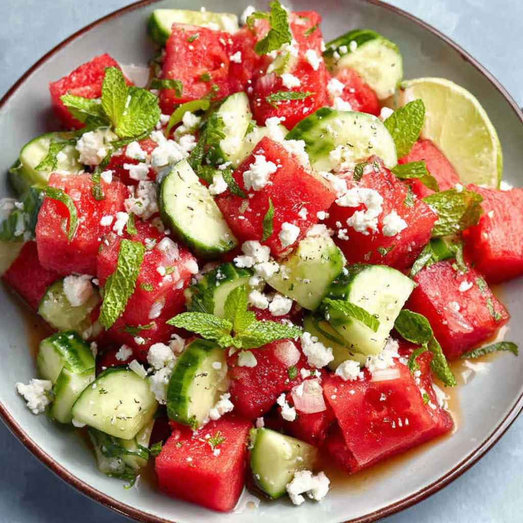 A bowl of watermelon, cucumber, and mint salad.