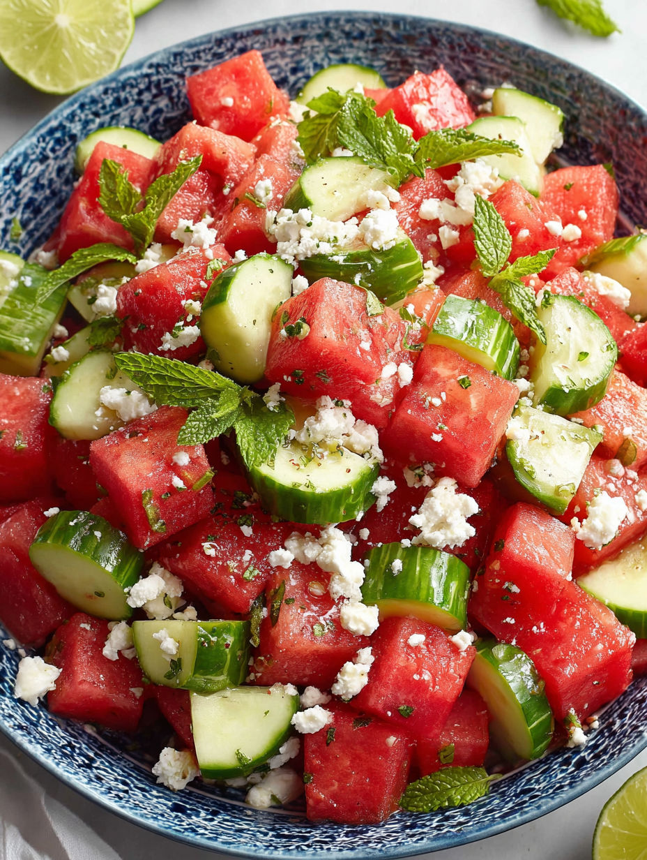 A bowl of watermelon and cucumbers.