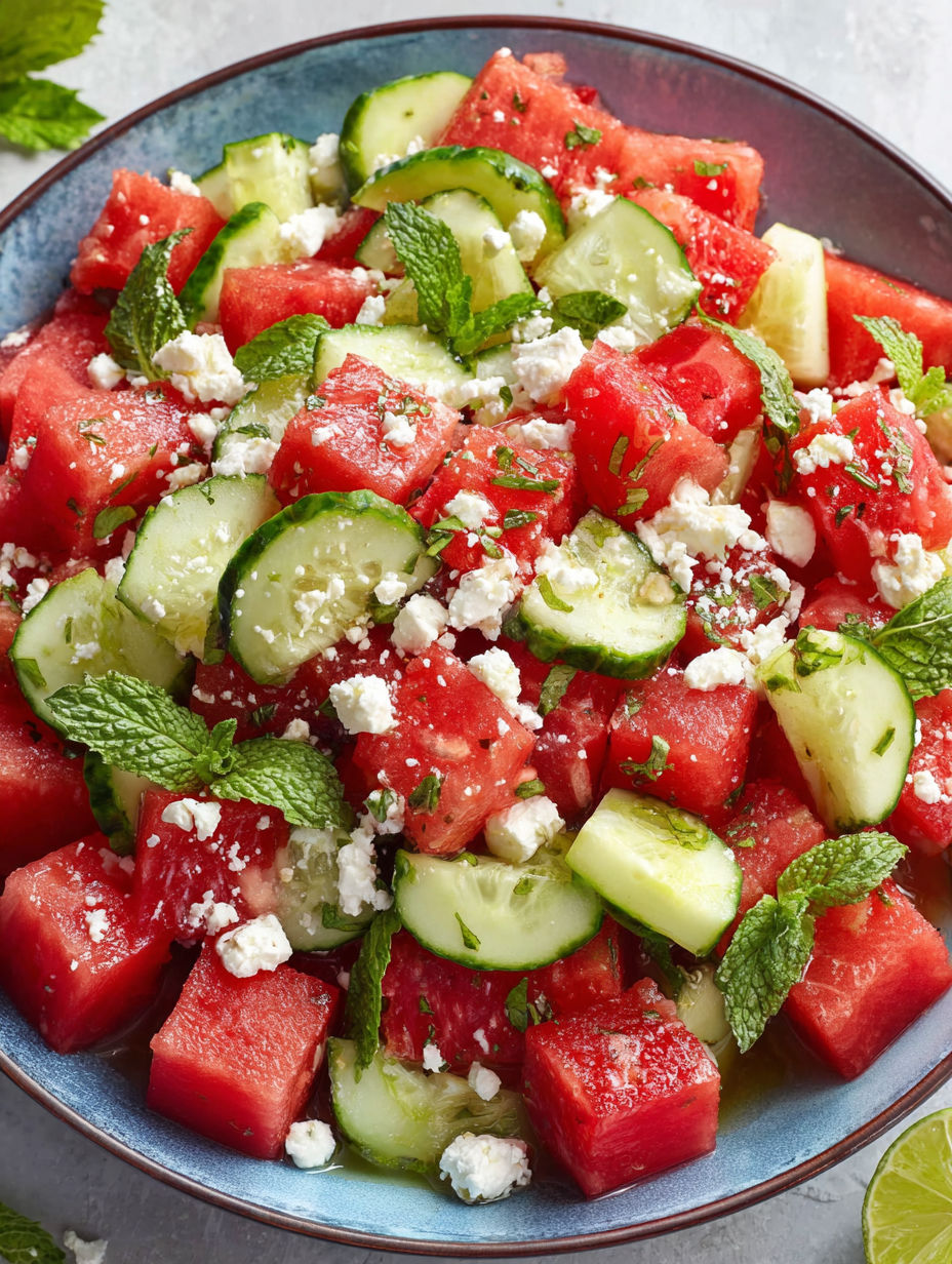 A plate of watermelon with cucumbers and feta cheese.