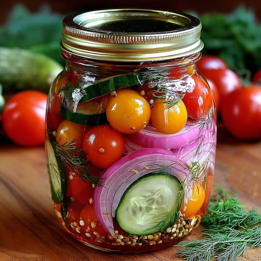 A jar of pickled cherry tomatoes, onions, and cucumbers.