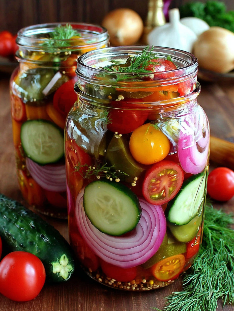 A jar of pickles with a variety of vegetables.