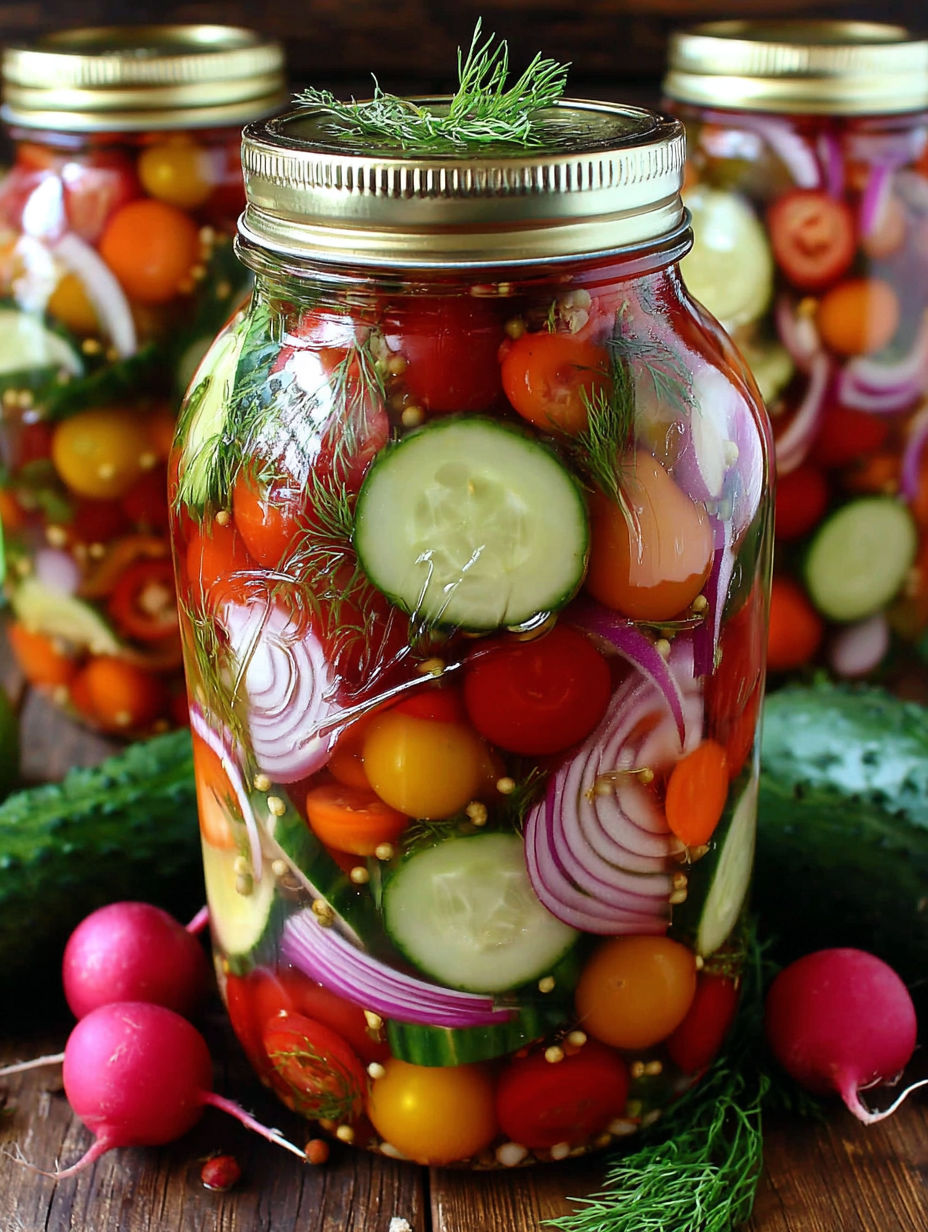 A jar of pickles with a variety of vegetables.