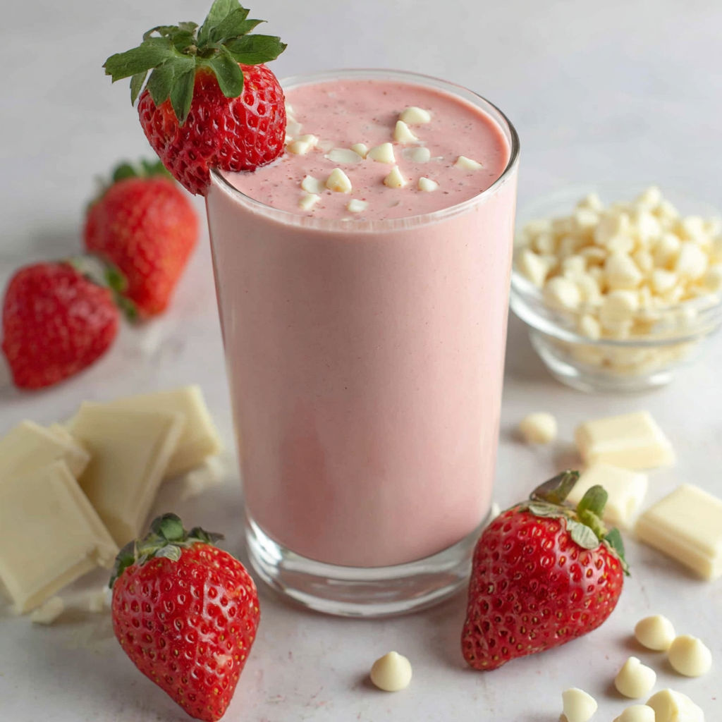 A glass of white chocolate smoothie with strawberries on top.