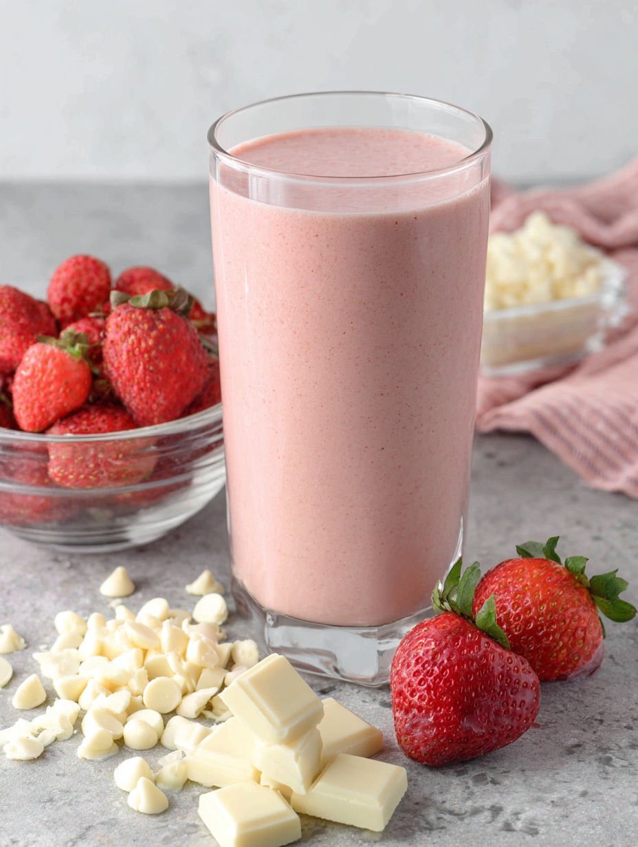 A glass of pink smoothie with strawberries and white chocolate.