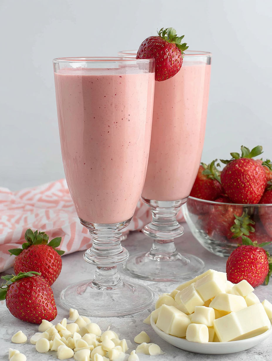 Two glasses of strawberry white chocolate smoothie.