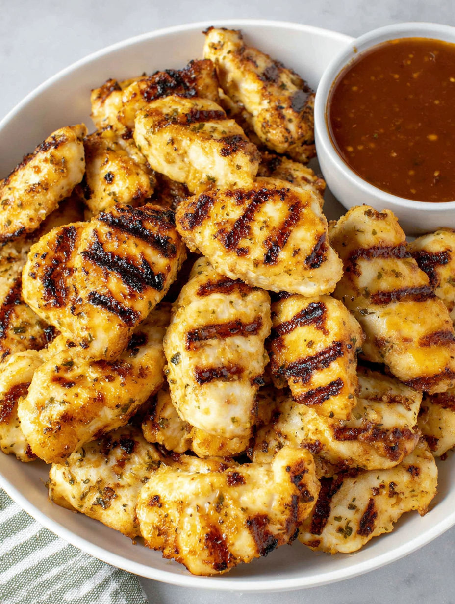 A bowl of grilled chicken nuggets.