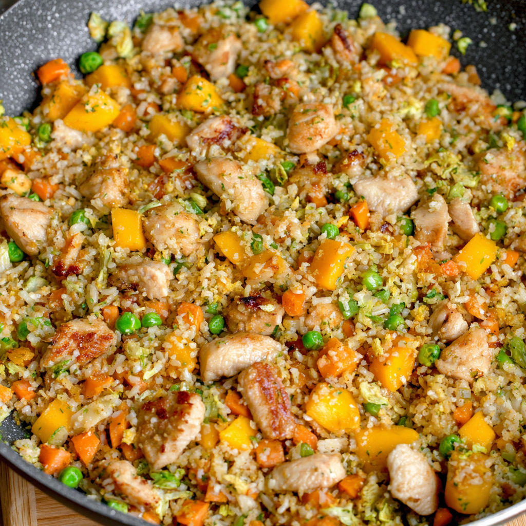 A dish of Mango Chicken Fried Rice.
