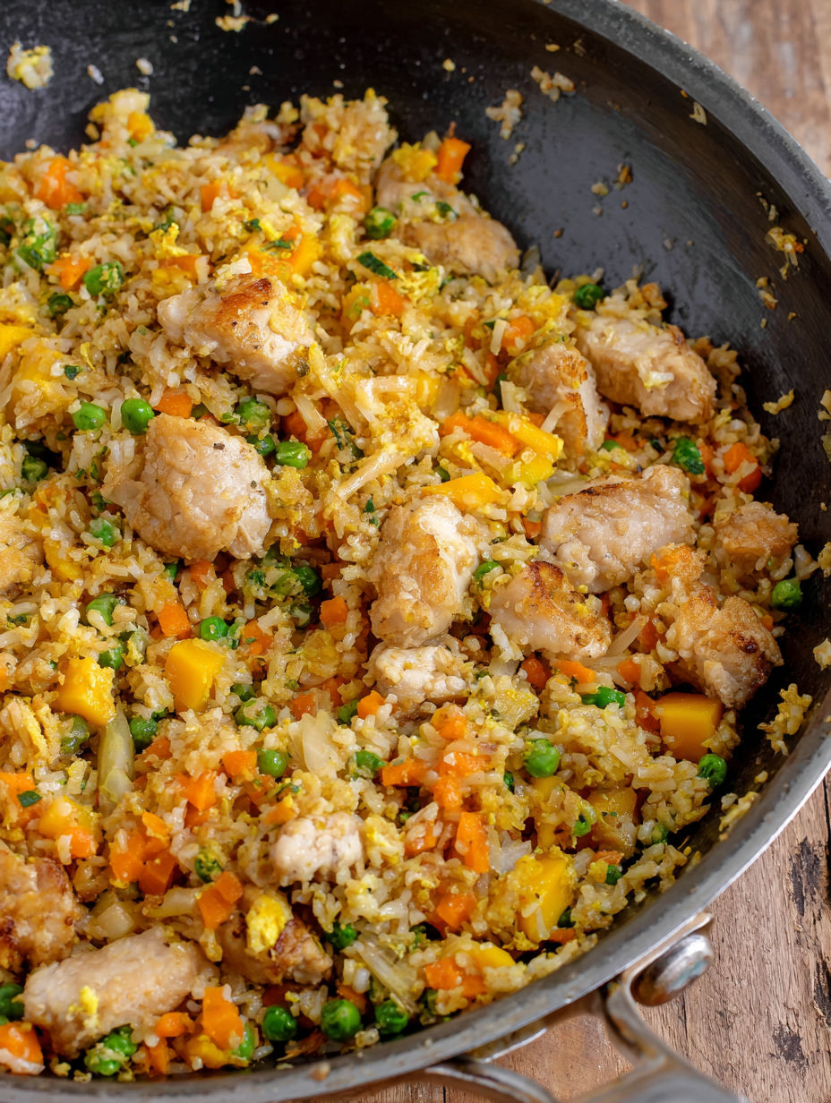 A pan of rice and vegetables.