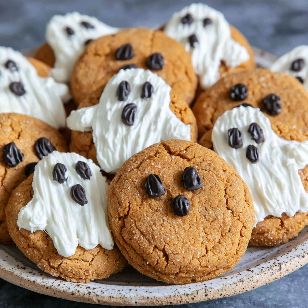 A plate of brown butter pumpkin cookies with white icing and chocolate chips.