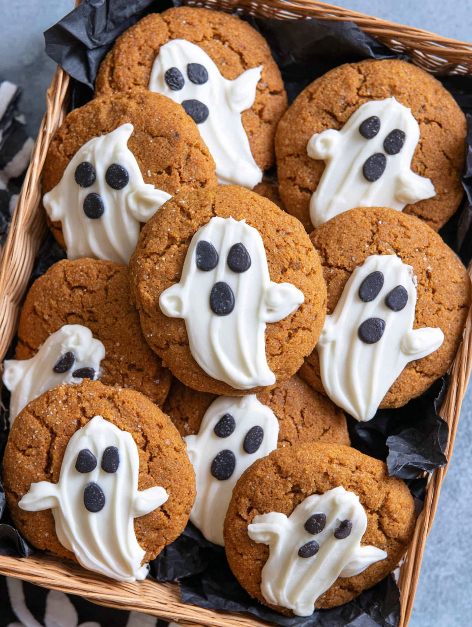A basket of brown butter pumpkin cookies with white frosting and chocolate chips.