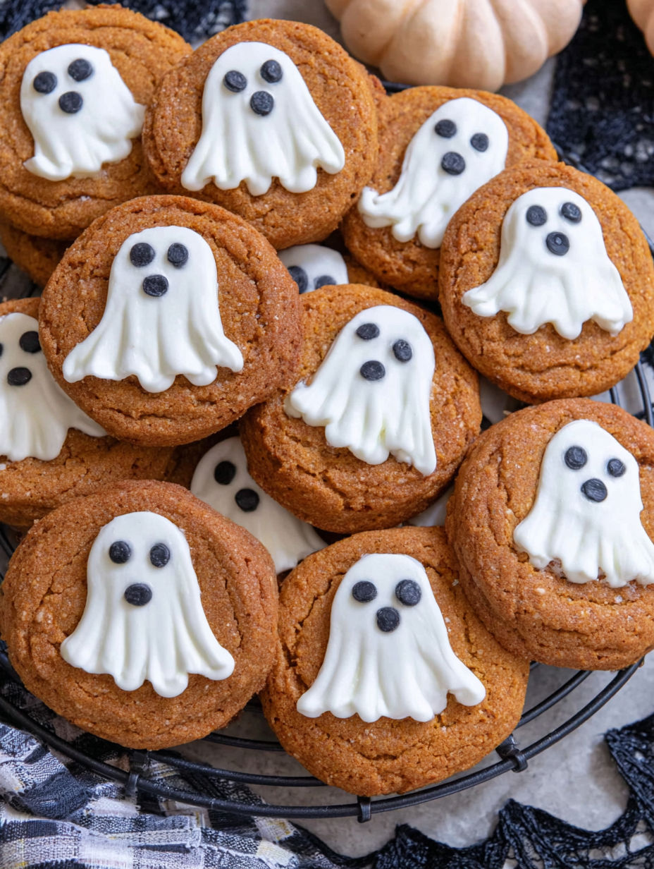 A plate of brown butter pumpkin cookies with white icing and black eyes.