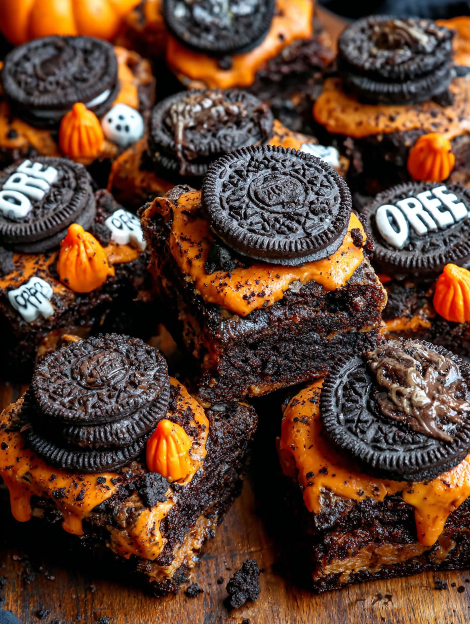 A close up of a delicious looking chocolate and orange Oreo cookie.