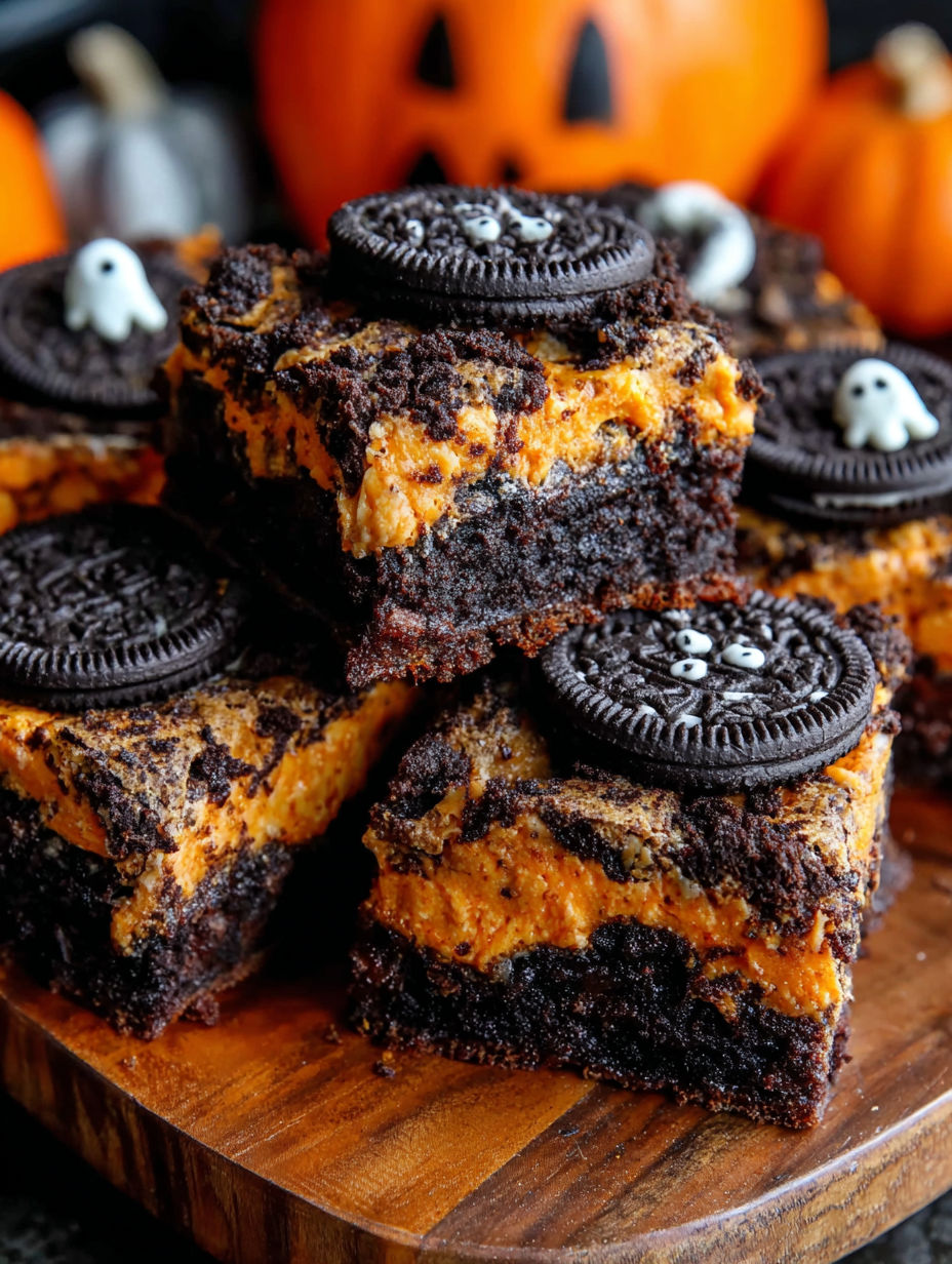 A stack of brownies with Oreo cookies on top.