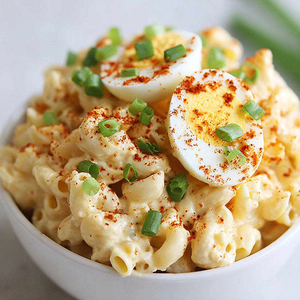 A bowl of pasta with eggs and peppers.