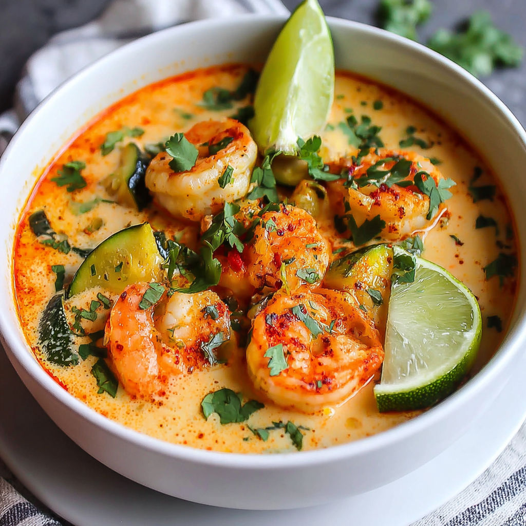 A bowl of shrimp soup with lime wedges.