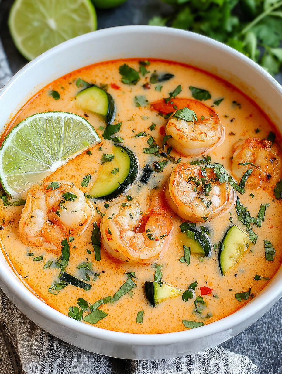A bowl of shrimp soup with green vegetables.
