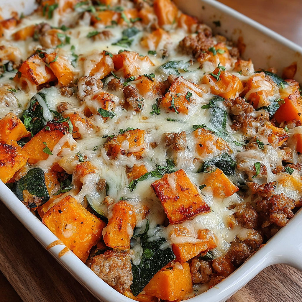 A baked dish with sweet potatoes and greens.