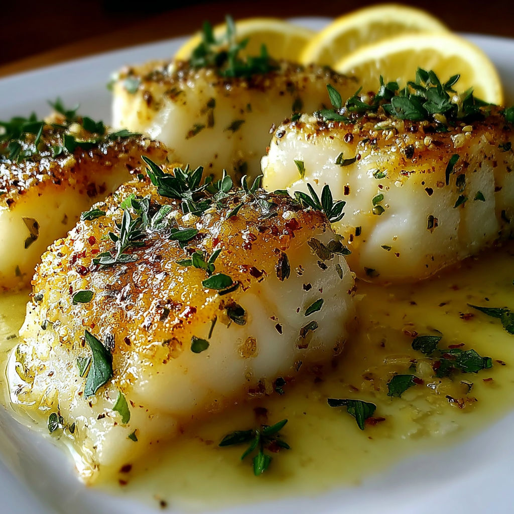 A plate of buttery lemon cod bake.