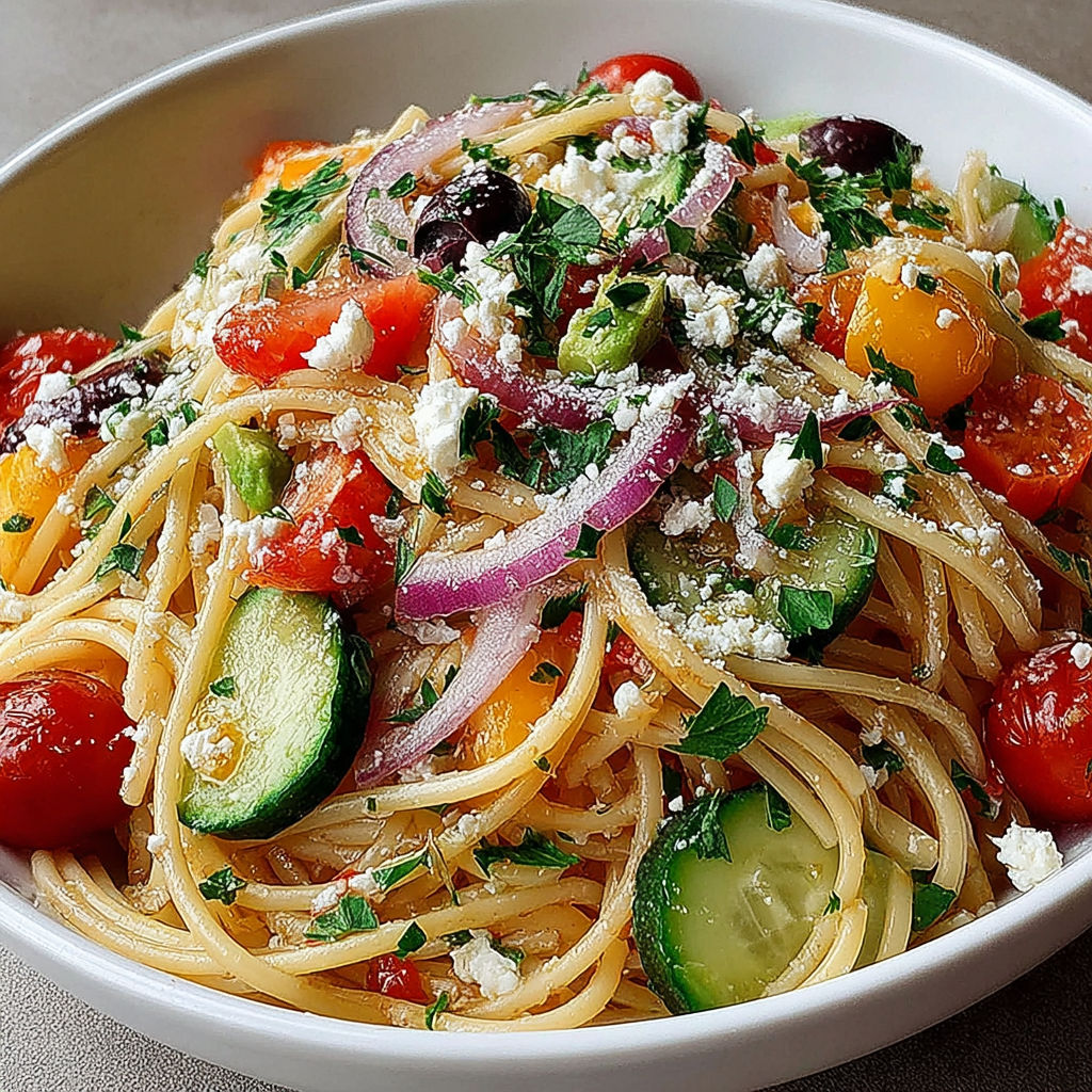 A bowl of pasta with tomatoes, cucumbers, onions, and olives.
