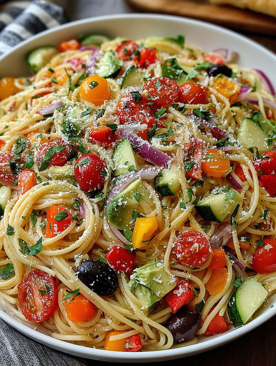 A bowl of pasta with tomatoes, cucumbers, and olives.