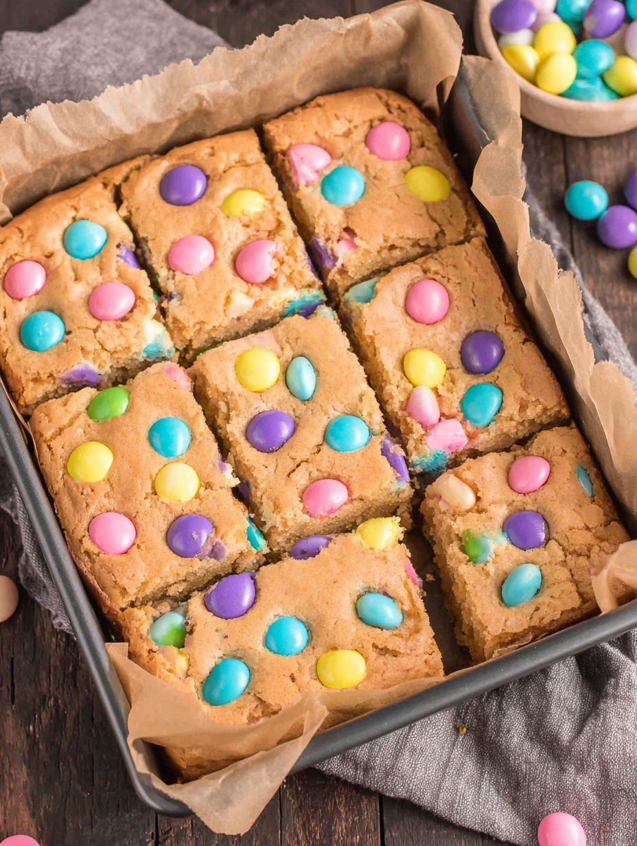 A pan of Easter Blondies with colorful candy toppings.