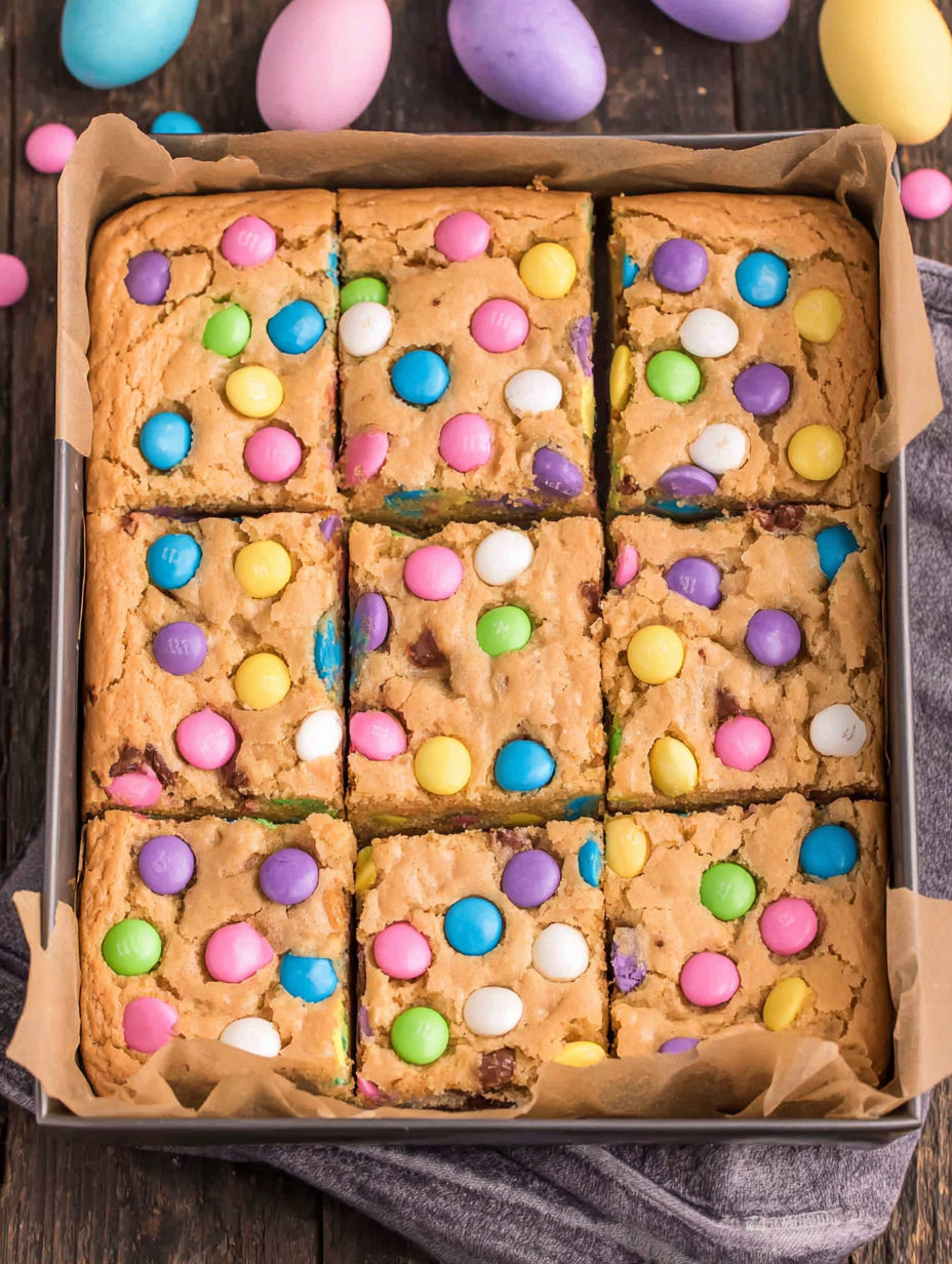 A pan of Easter Blondies with colorful sprinkles.